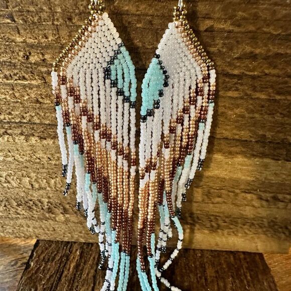 Boho Native American Navajo Seed Bead Dangle Wire Earrings, Turquoise Stone, Gi - Picture 5 of 11